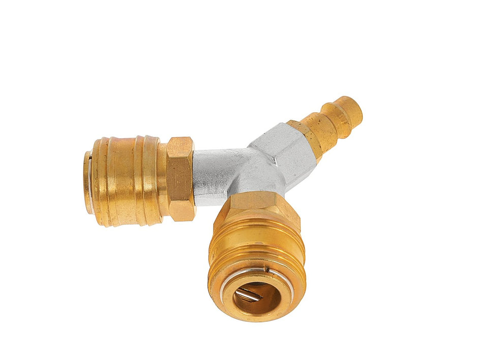 Messing lucht mannetje 2-weg splitter 1/4" met snelkoppelingen