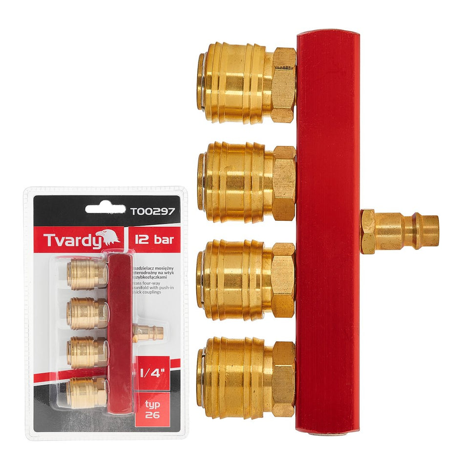 Messing lucht mannetje 4-weg splitter 1/4" met snelkoppelingen