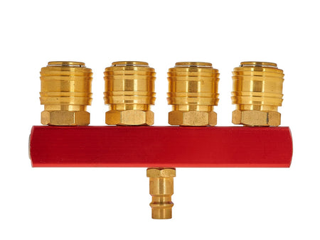 Messing lucht mannetje 4-weg splitter 1/4" met snelkoppelingen