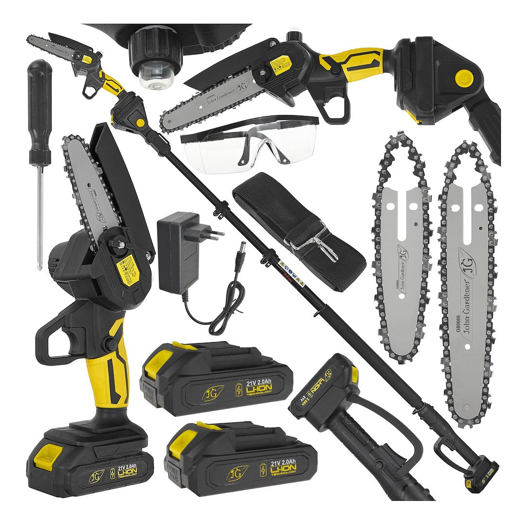 21V 6" kettingzaag op accu 2x2.0Ah – XXL set met telescopische steel 1,65-2,50m