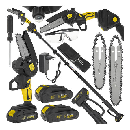 21V 6" kettingzaag op accu 2x2.0Ah – XXL set met telescopische steel 1,65-2,50m