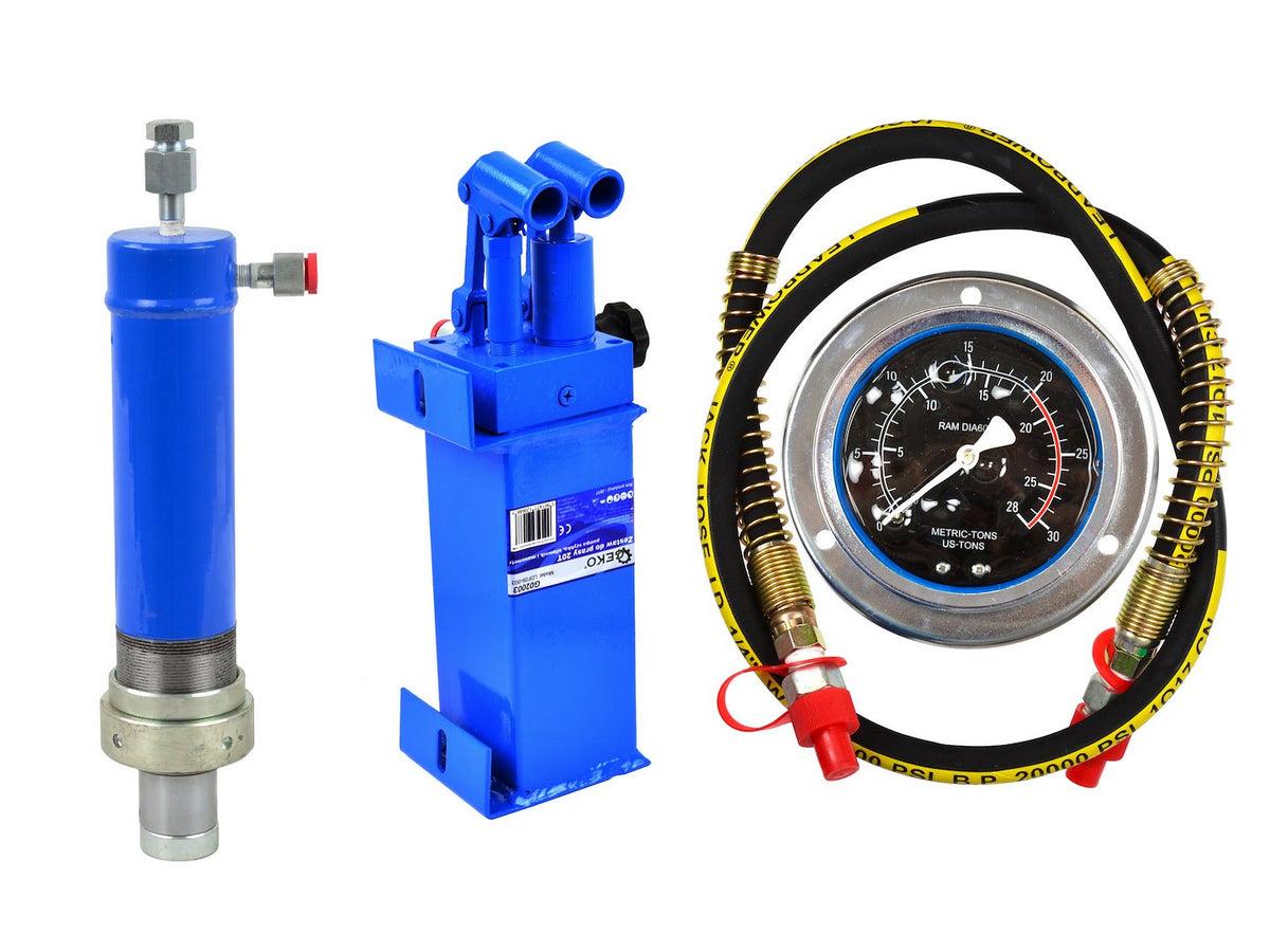 20 Ton werkplaatspers set: cilinder, 2-versnellingen pomp, manometer met slang