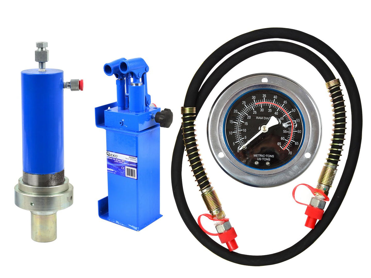 30 ton werkplaatsperst kit: cilinder, 2-snelhedenpomp, manometer met slang