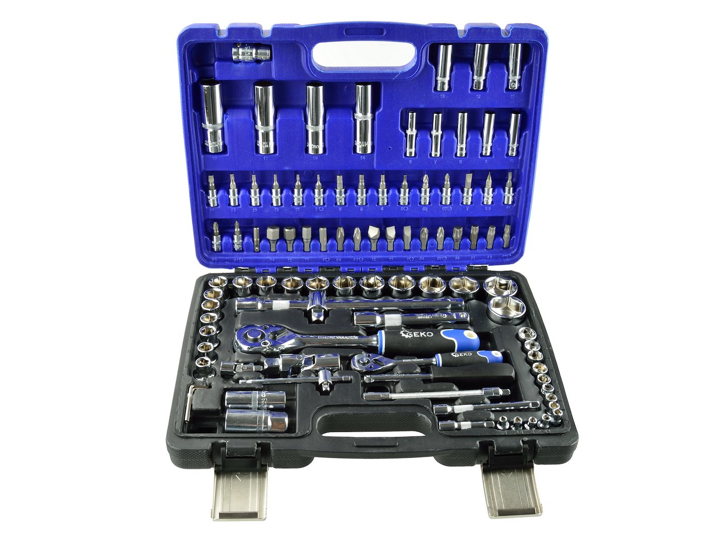 GEKO monteursgereedschapsset gepolijst CrV 94 dlg 1/2" & 1/4" aandrijving