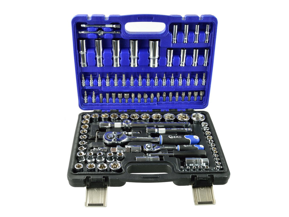 GEKO monteursgereedschapsset gepolijst CrV 108 dlg 1/2" & 1/4" aandrijving