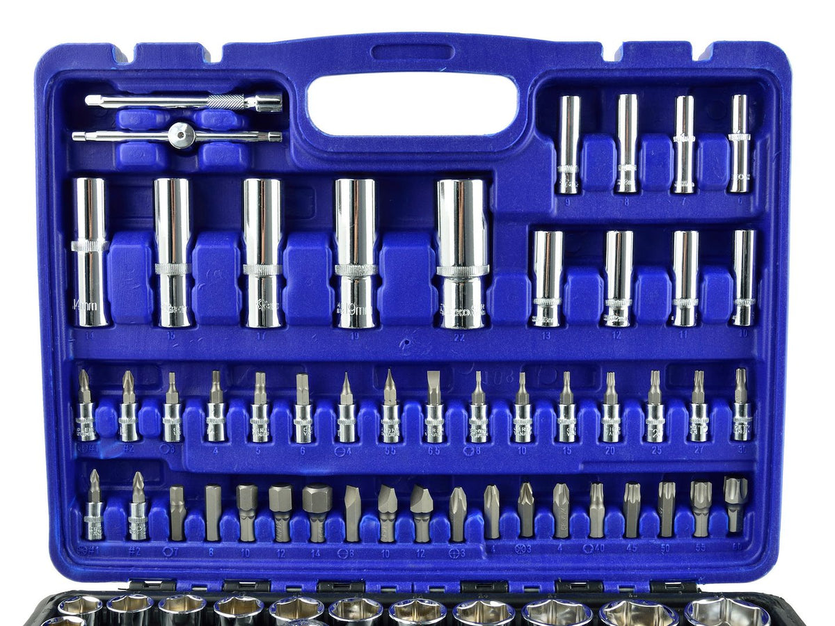 GEKO monteursgereedschapsset gepolijst CrV 108 dlg 1/2" & 1/4" aandrijving