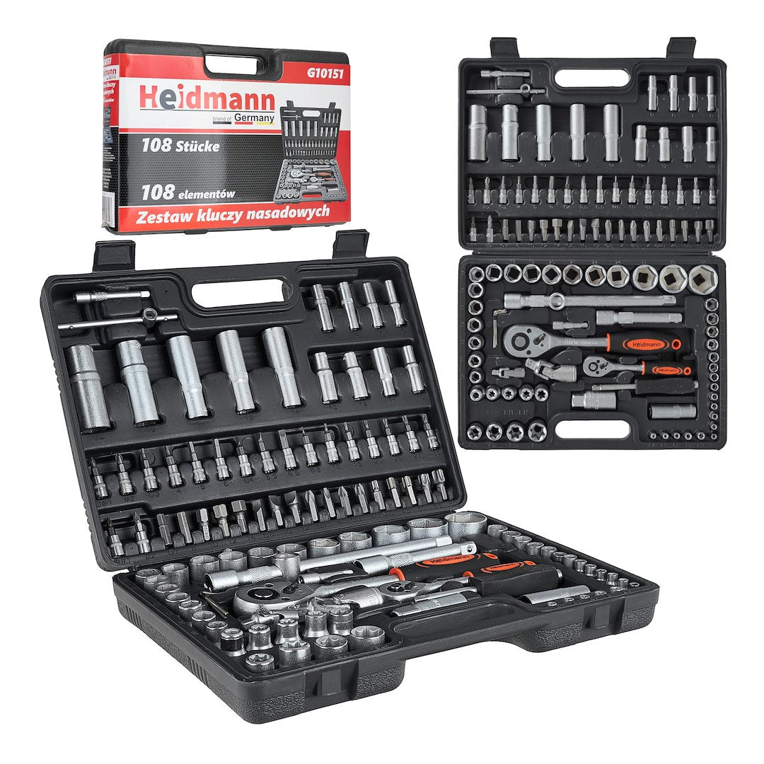 Doppenset met ratels, adapters en verlengstukken 1/2 en 1/4 inch aandrijving 108-delig