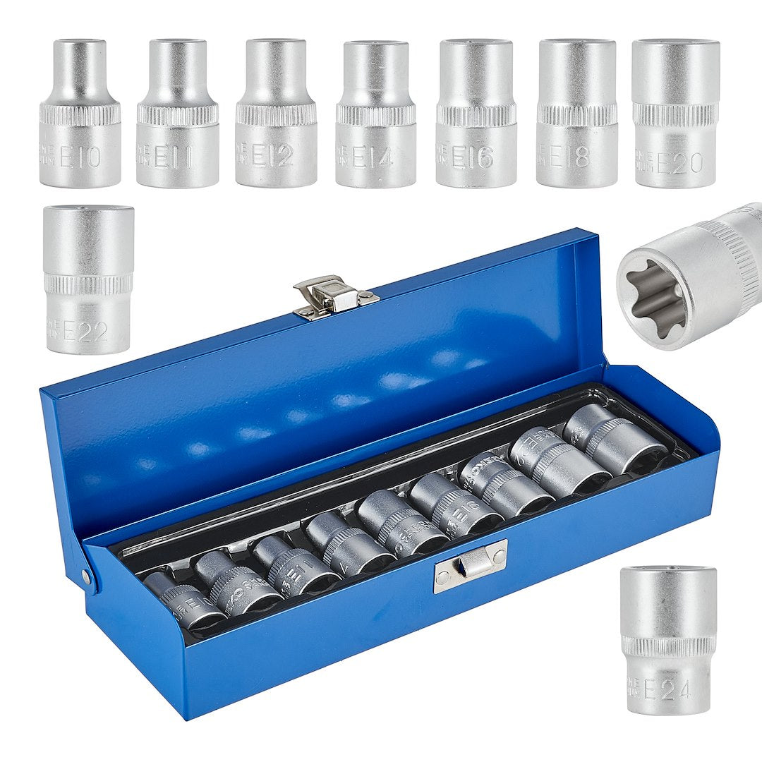 TORX-dopsleutelset E10-E24 CrV 1/2" aandrijving 9 stuks /metalen kist/