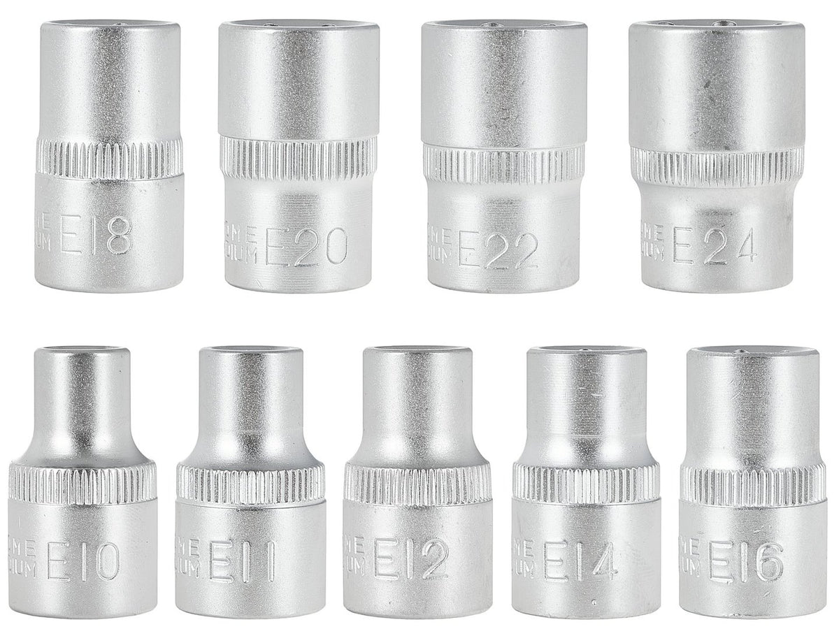 TORX-dopsleutelset E10-E24 CrV 1/2" aandrijving 9 stuks /metalen kist/