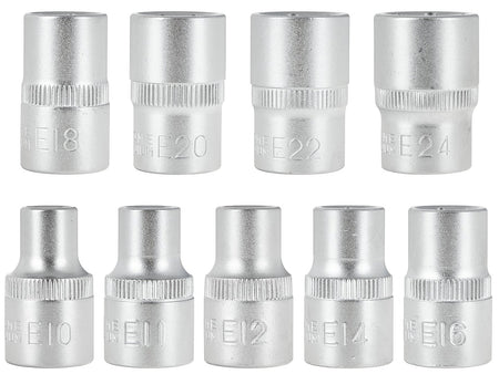 TORX-dopsleutelset E10-E24 CrV 1/2" aandrijving 9 stuks /metalen kist/