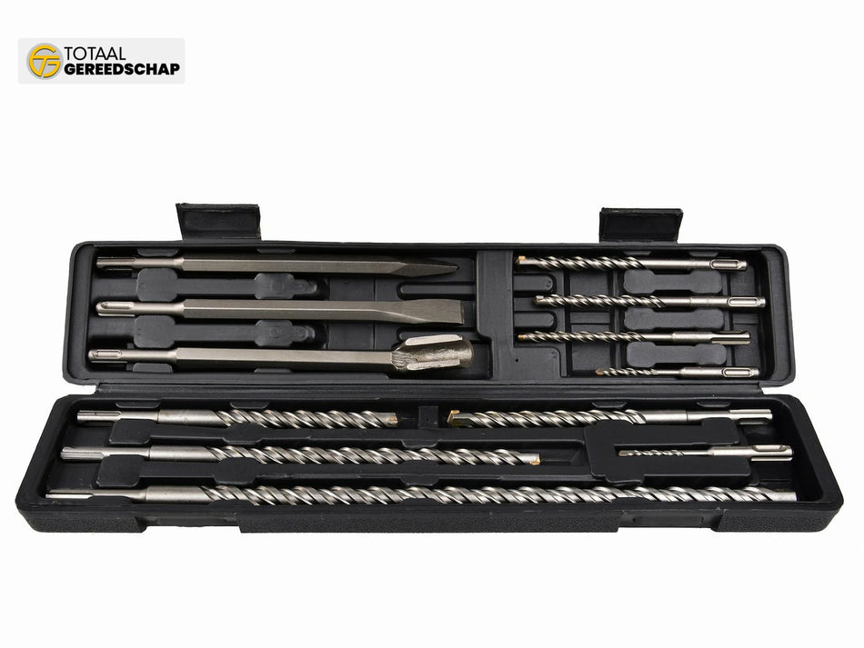 12-delige boorhamer- en beitelset (9 SDS-boren + 3 beitels in kunststof koffer)