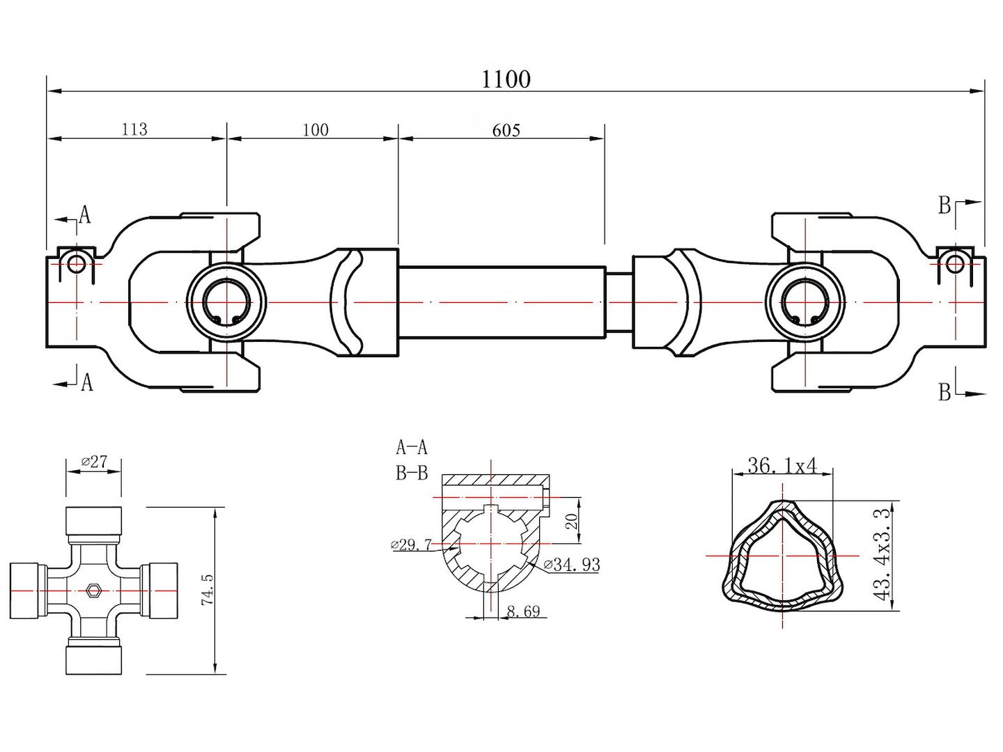 PTO-aandrijfas 3-lemon buistype 1100 mm