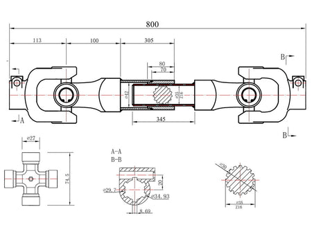 PTO-aandrijfas 3-lemon buistype involute 800 mm