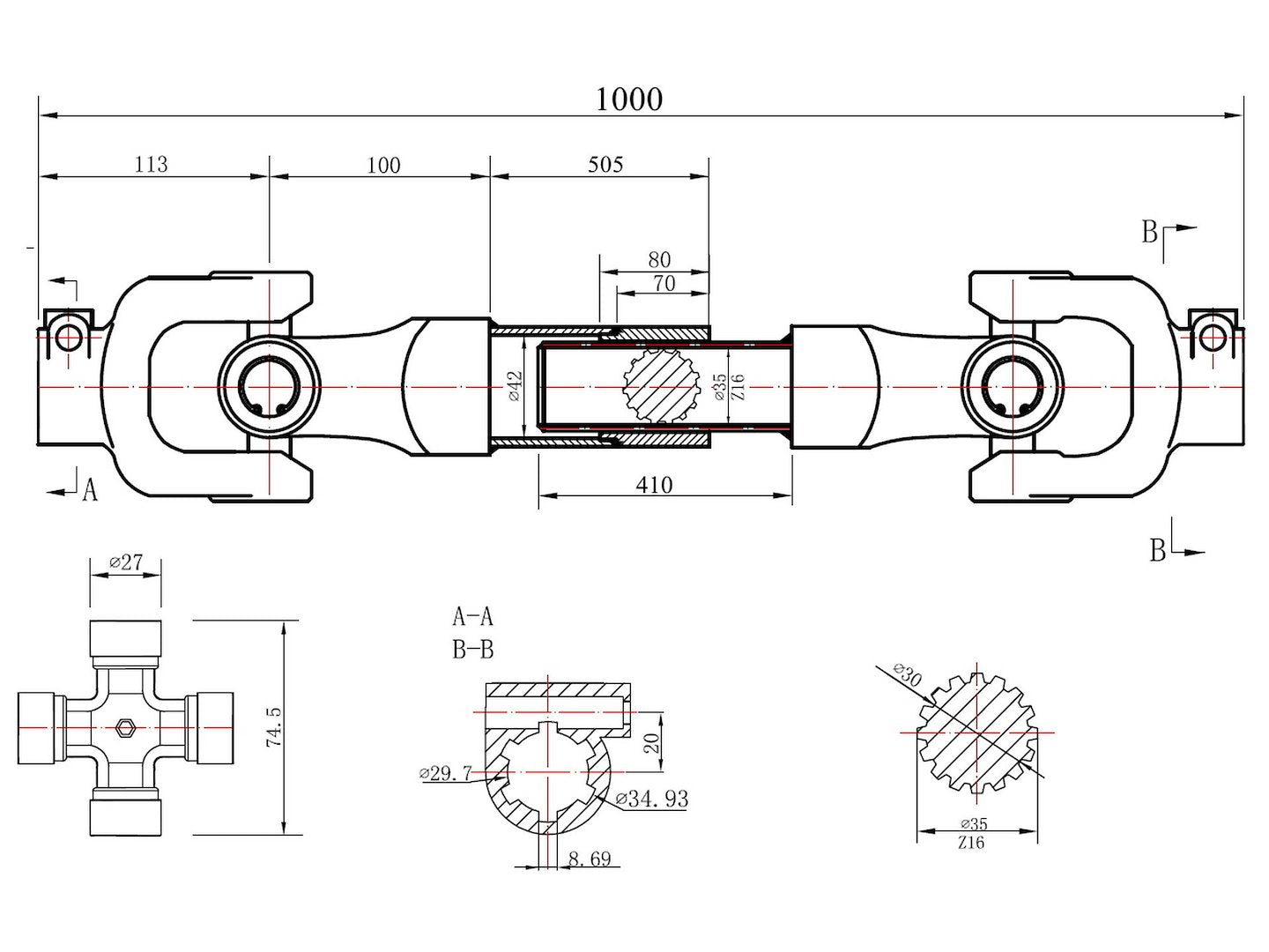 PTO-aandrijfas 3-lemon buistype involute 1000 mm