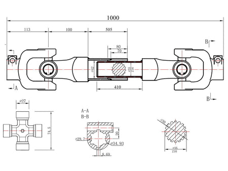 PTO-aandrijfas 3-lemon buistype involute 1000 mm