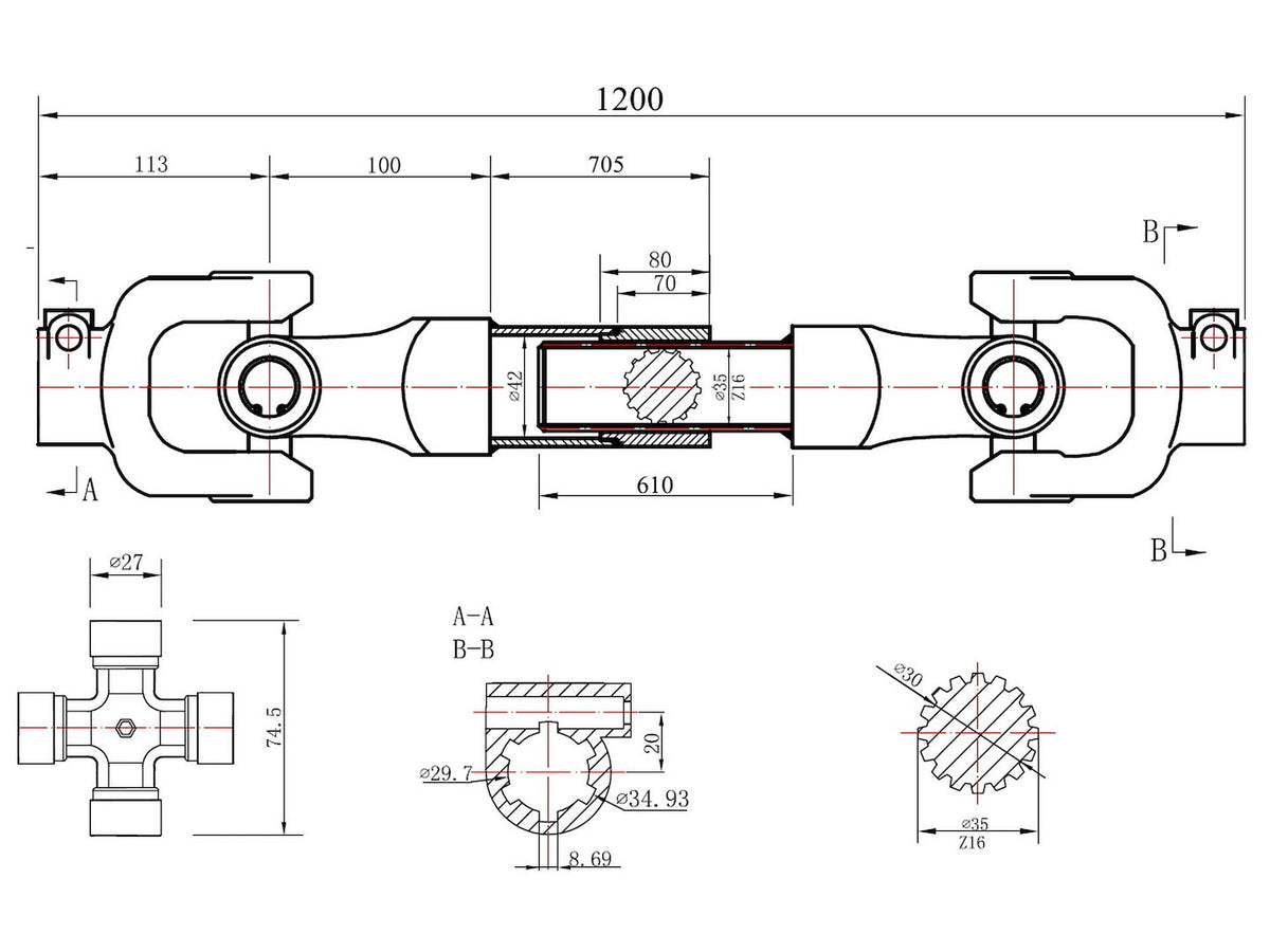 PTO-aandrijfas 3-lemon buistype involute 1200 mm