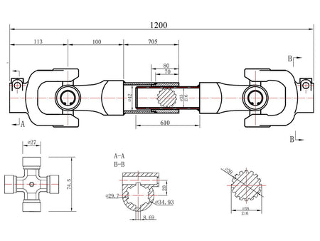 PTO-aandrijfas 3-lemon buistype involute 1200 mm
