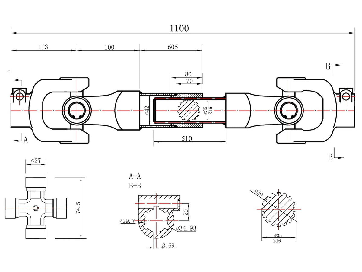 PTO-as 3-citroenschacht involute type 1100mm