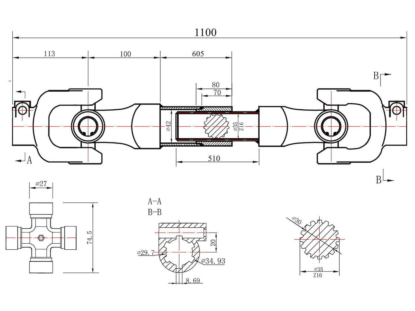 PTO-as 3-citroenschacht involute type 1100mm