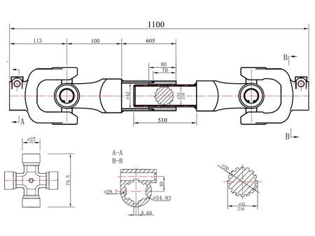 PTO-as 3-citroenschacht involute type 1100mm