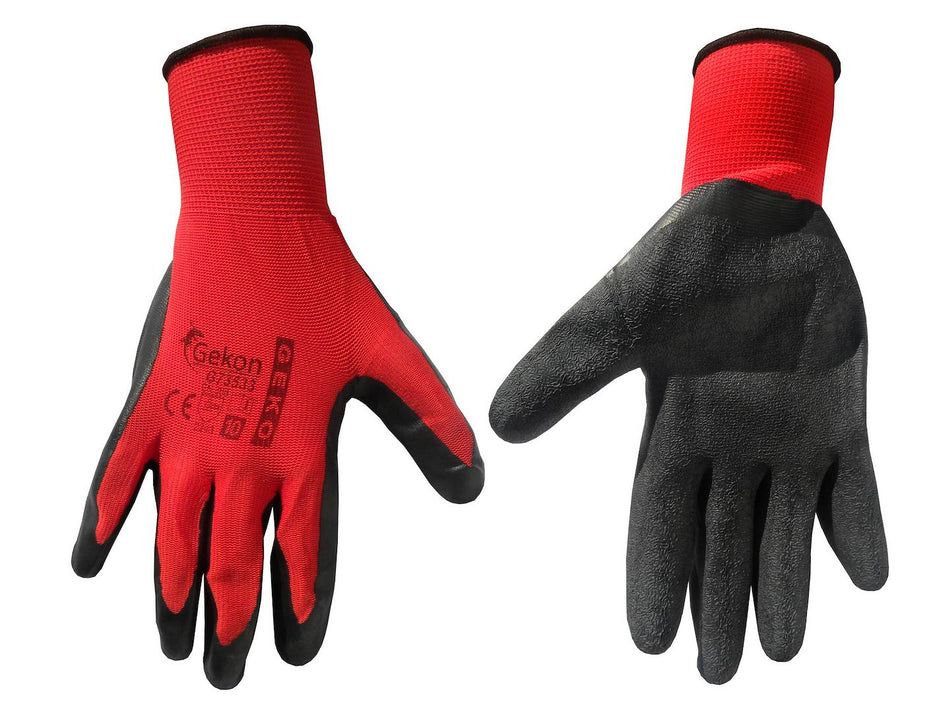 Katoenen werkhandschoenen maat 10 met gerimpelde latex-handpalmmantel, gebreide pols (rood)