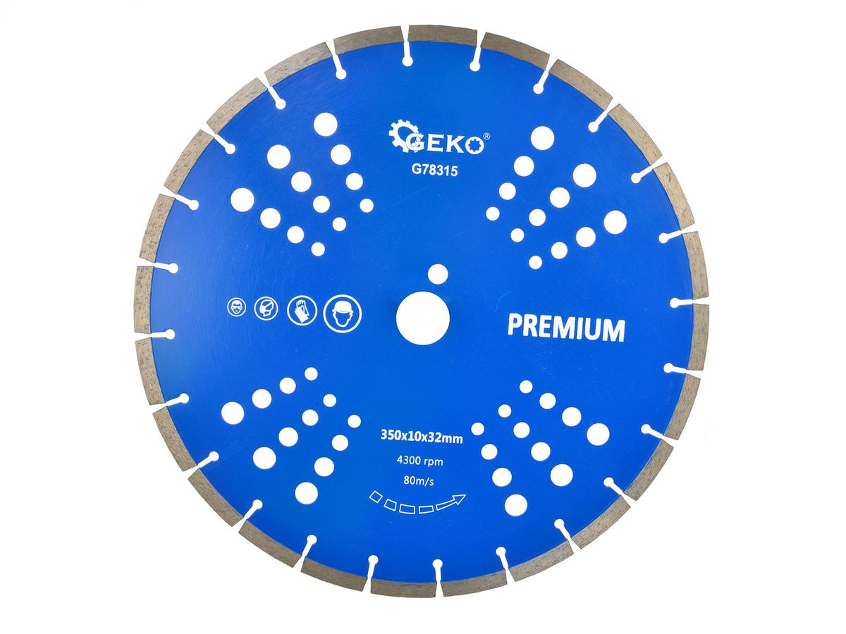 Diamantzaagblad met segmentrand en gaten 350x32mm Rand 10mm GEKO Premium laser