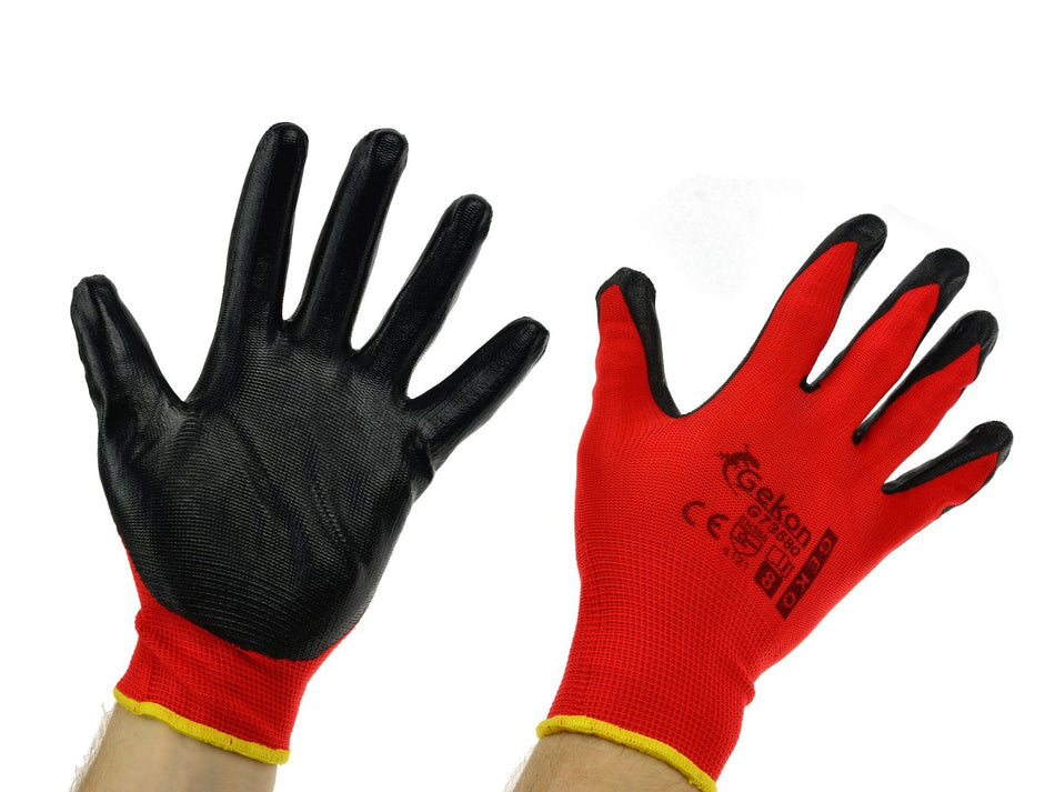Katoenen werkhandschoenen ROOD mt.8 met nitrilpalmcoating, gebreide manchet