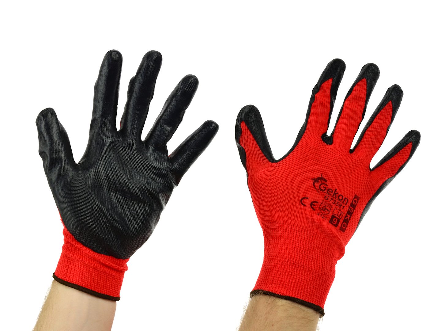 Katoenen werkhandschoenen ROOD mt.9 met nitrilpalmcoating, gebreide manchet
