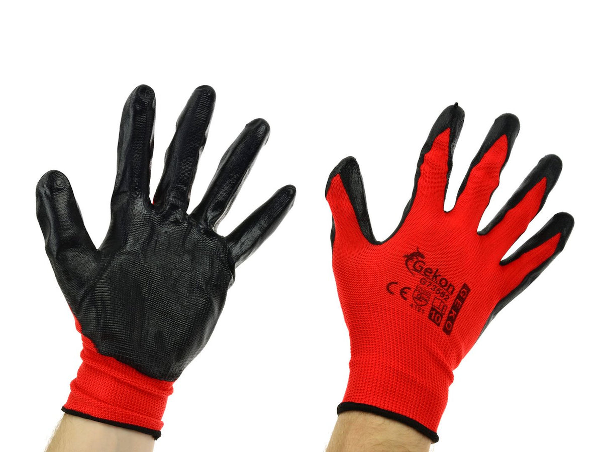 Katoenen werkhandschoenen ROOD mt.10 met nitrilpalmcoating, gebreide manchet