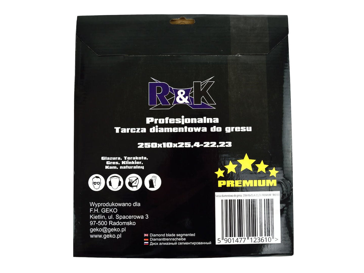 Diamant warmgeperst blad 250 x 10 x 25,4-22,2mm met gaas R&K Premium