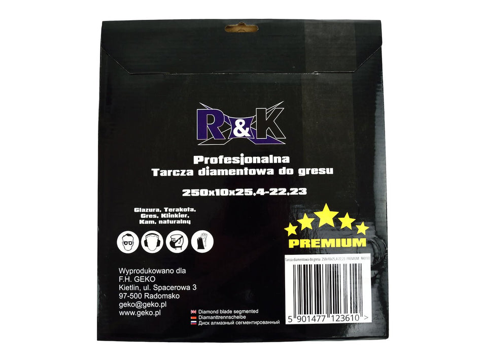 Diamant warmgeperst blad 250 x 10 x 25,4-22,2mm met gaas R&K Premium