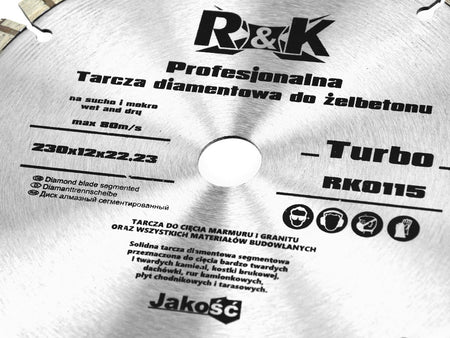 Diamant koudgeperst blad 230 x 12 x 22,23mm segment Turbo Professioneel R&K