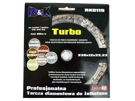 Diamant koudgeperst blad 230 x 12 x 22,23mm segment Turbo Professioneel R&K