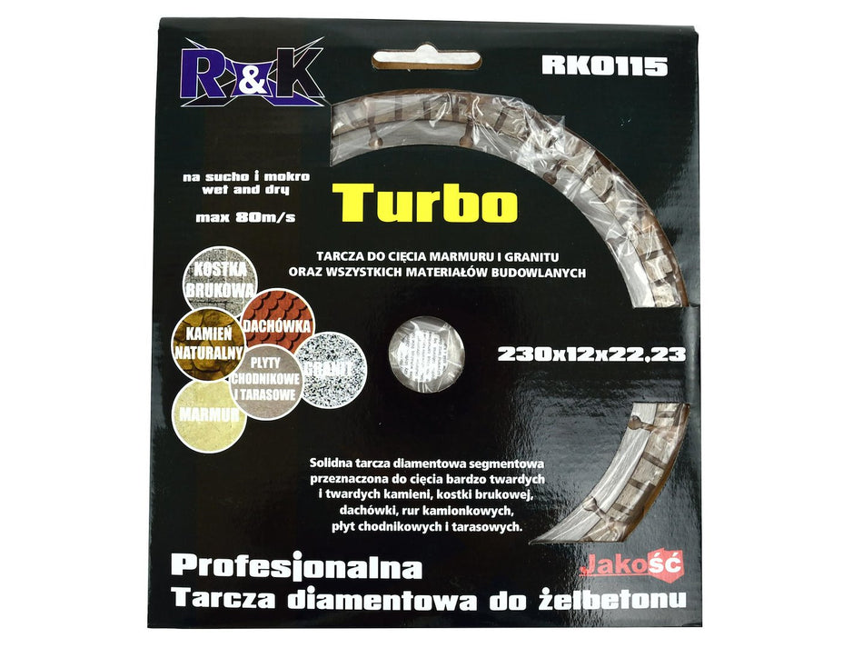 Diamant koudgeperst blad 230 x 12 x 22,23mm segment Turbo Professioneel R&K