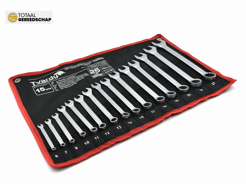 15pcs Combination spanner set 6-27mm, satin, CRV, Cold stamped