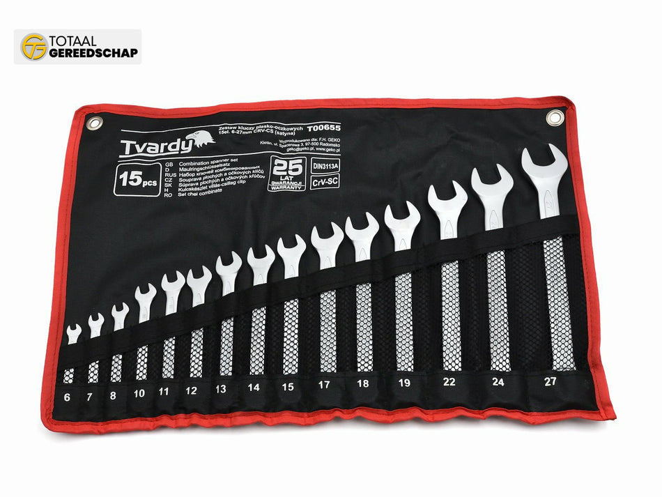 15pcs Combination spanner set 6-27mm, satin, CRV, Cold stamped