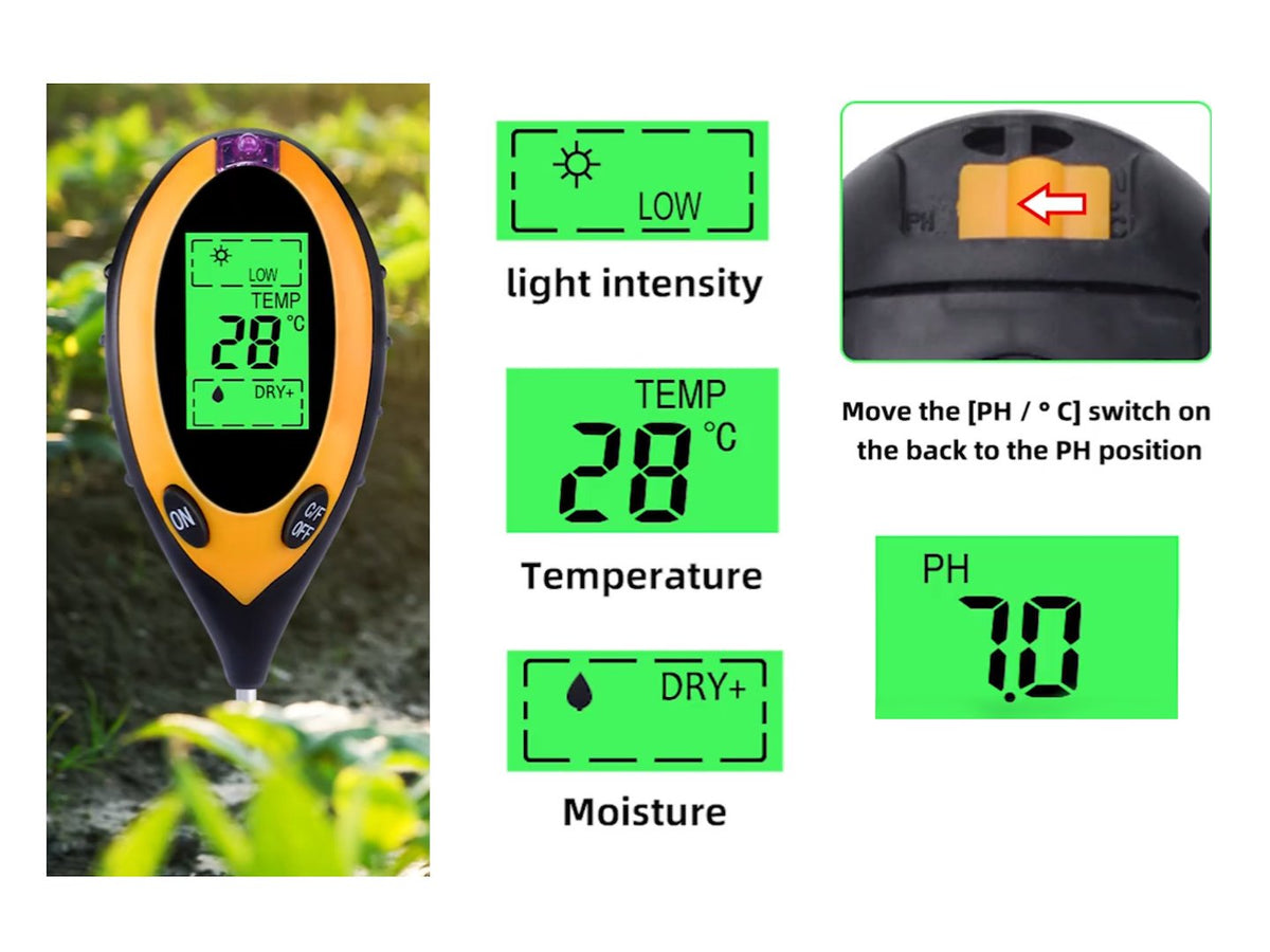 pH-meter, luxmeter, thermometer en vochtsensor