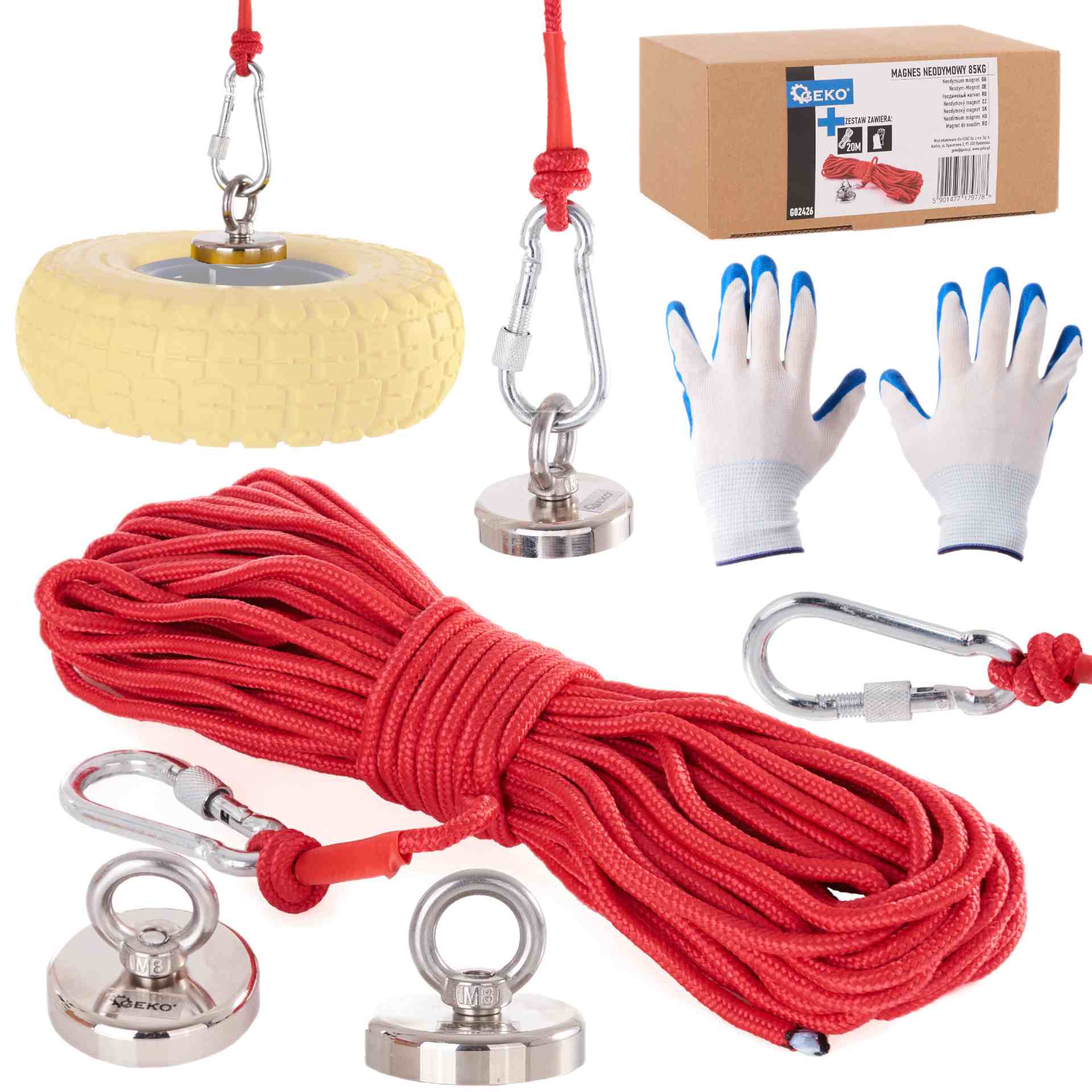 Neodymium magneet 85kg set met touw 20m en handschoenen
