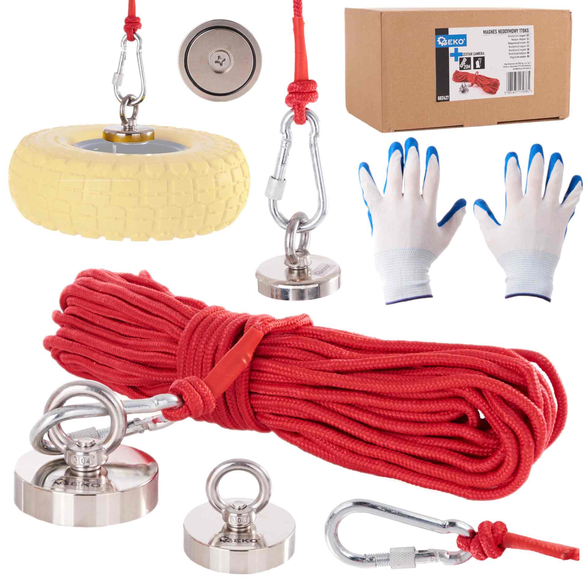Neodymium magneet 170kg set met touw 20m en handschoenen