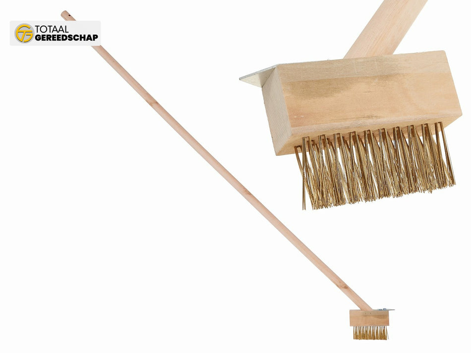 Wire brush with scraper for cobblestone paving, wooden handle