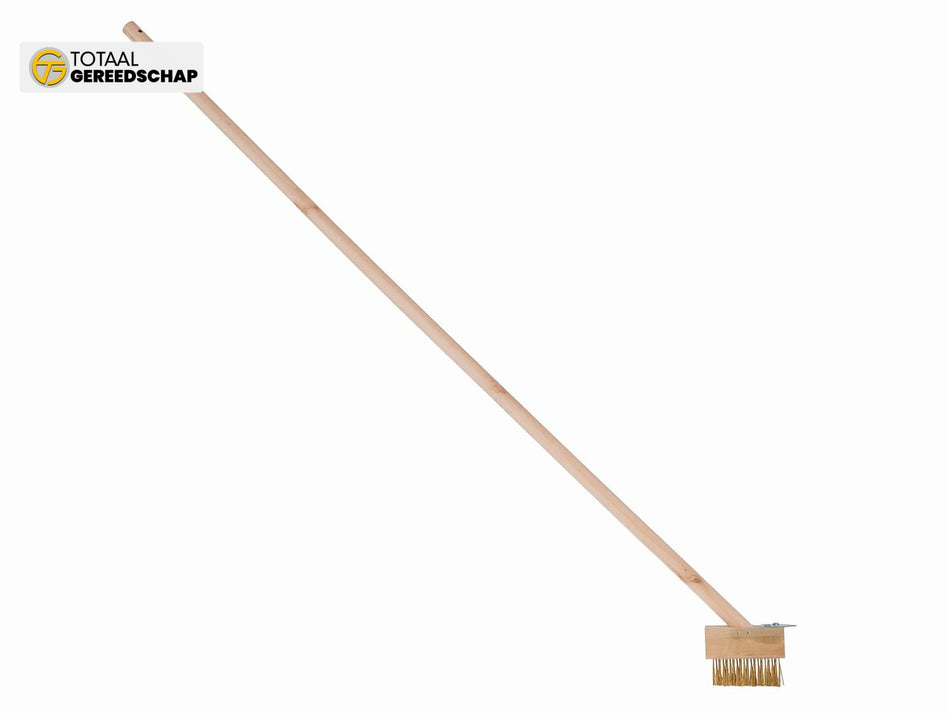 Wire brush with scraper for cobblestone paving, wooden handle